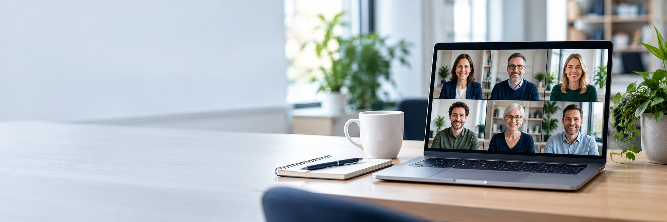 Laptop mit einer Online-Schulung auf einem hellen Büroarbeitsplatz.